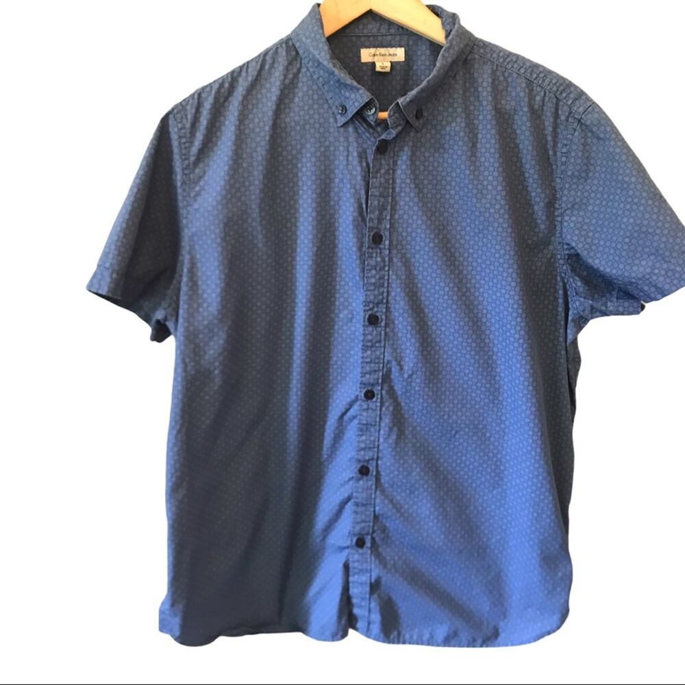 Calvin Klein Short Sleeve Button Uo Front Down Shirt Large Mens Blue